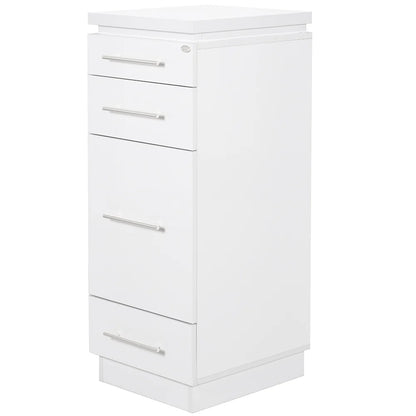 White cabinet with three drawers on a white background