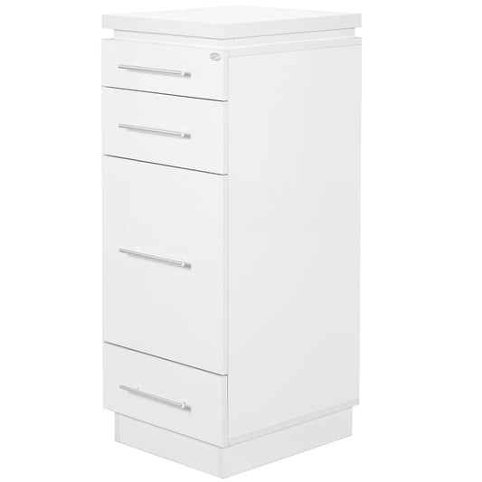 White cabinet with three drawers on a white background