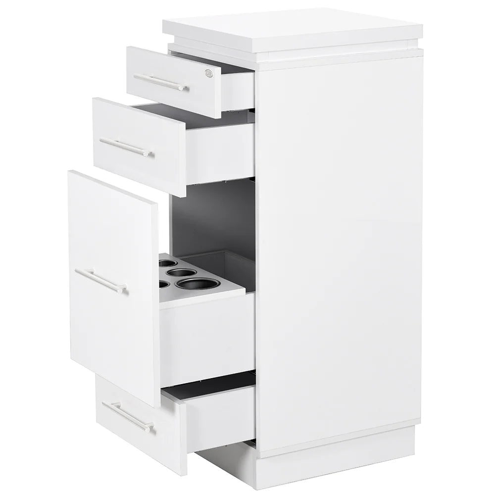 Romance II styling station cabinet featuring a modern, professional salon design.