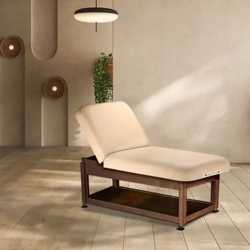 High‑end salon treatment table with integrated shelf base and PowerAssist lift system