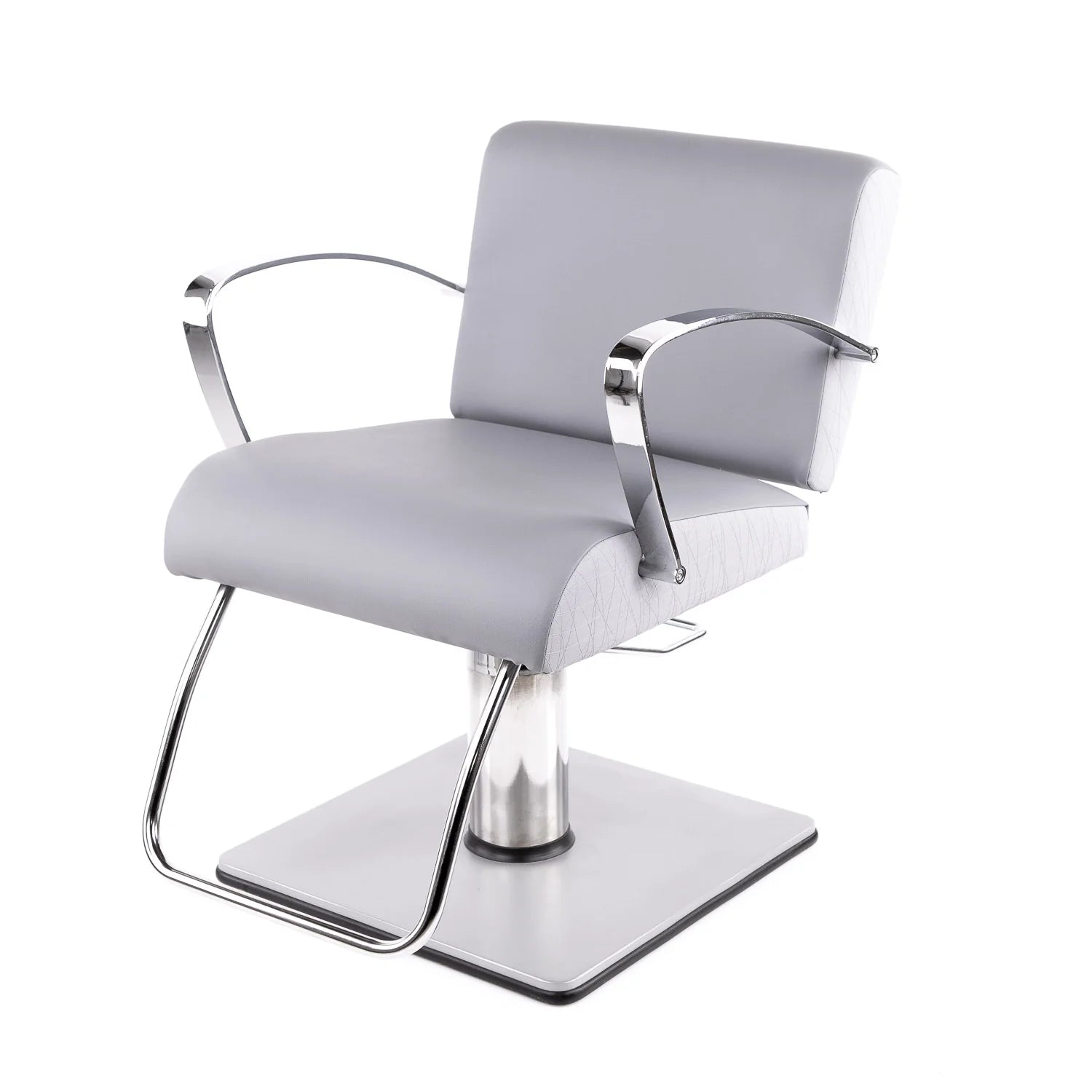 Gray salon chair with chrome frame on a white background