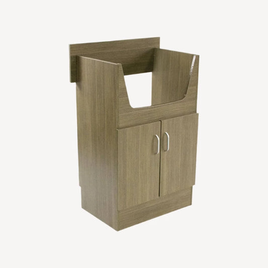 AYC Sanden Shampoo Cabinet with modern salon storage, durable wood finish, and built-in sink space for professional hair care services