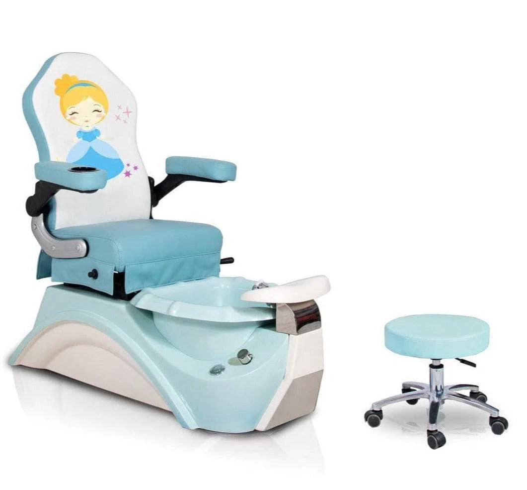 AYC Blue Rapunzel Kid's Pedicure Spa chair with vibrant blue finish, princess theme design, and built-in foot spa for children's salon services