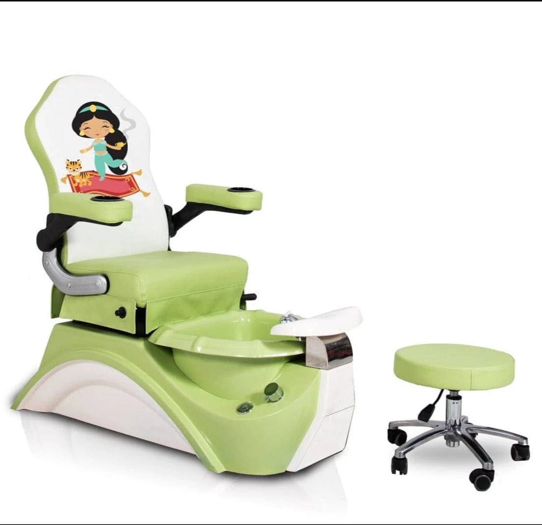 AYC Green Rapunzel Kid's Pedicure Spa chair with vibrant green finish, princess theme design, and built-in foot spa for children's salon services