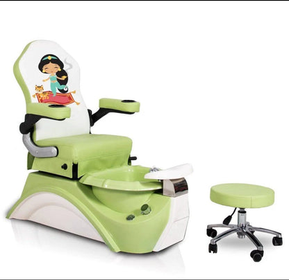 AYC Green Rapunzel Kid's Pedicure Spa chair with vibrant green finish, princess theme design, and built-in foot spa for children's salon services