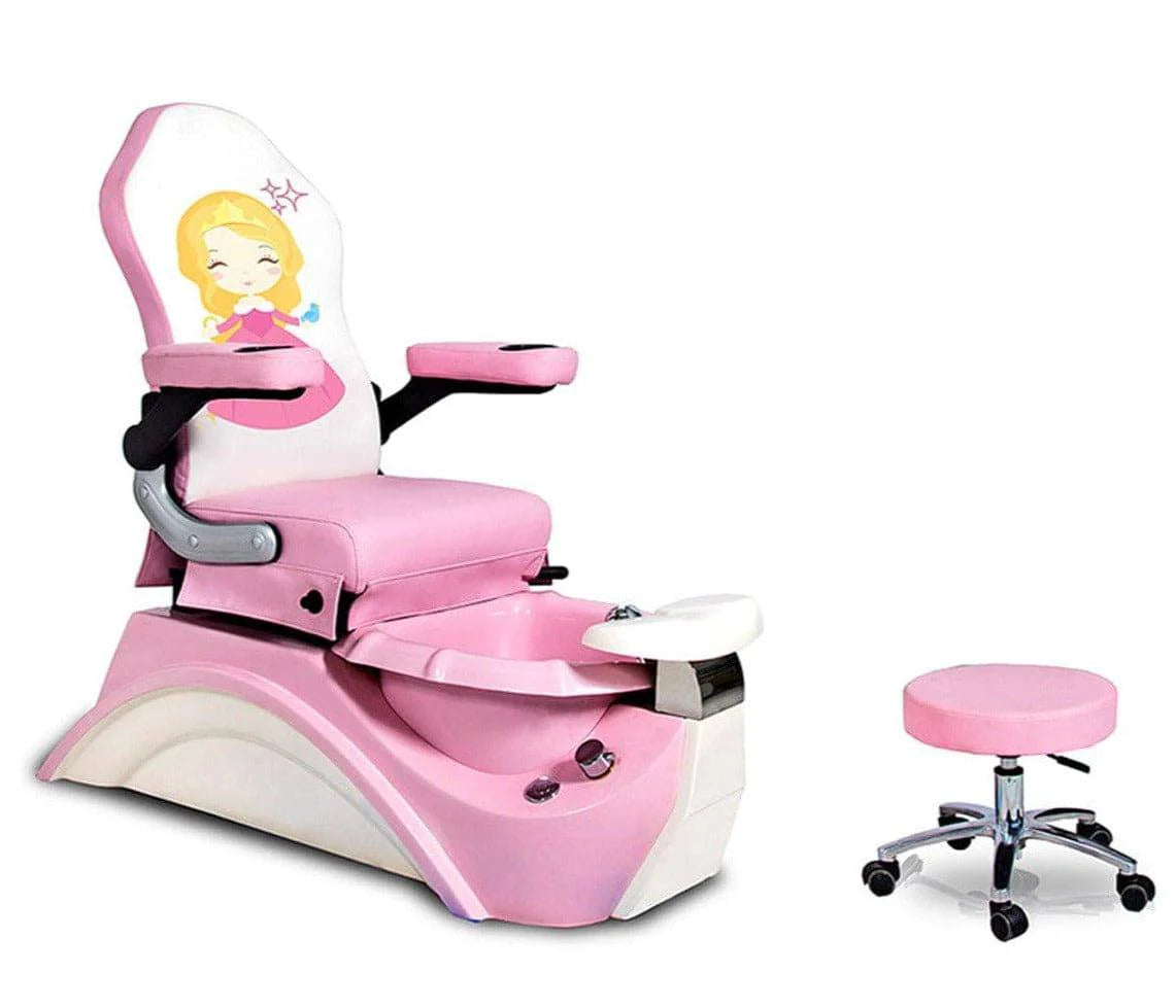 AYC Pink Rapunzel Kid's Pedicure Spa chair with princess theme, vibrant pink finish, and built-in foot spa for children's salon services