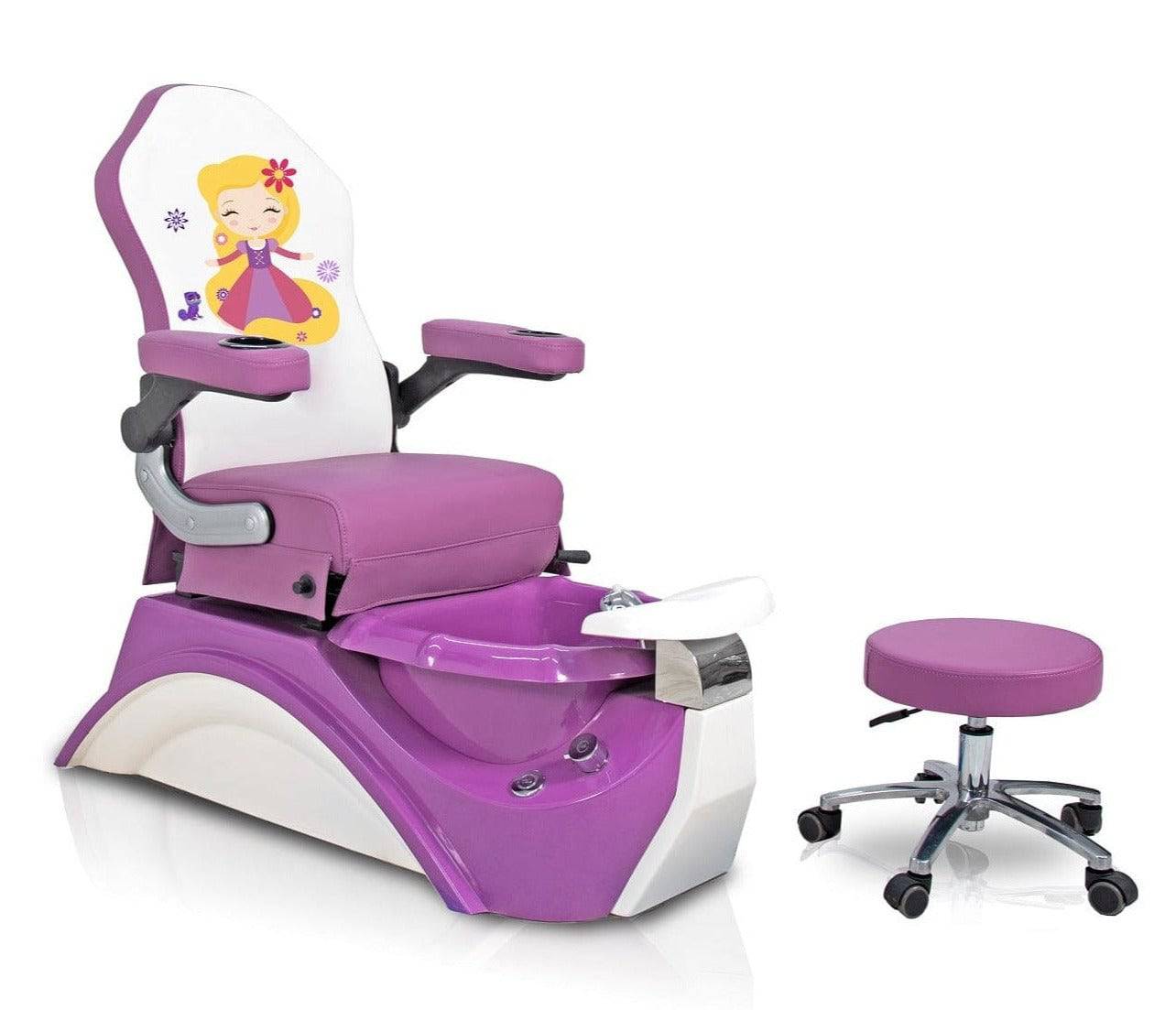 AYC Purple Rapunzel Kid's Pedicure Spa chair with playful princess theme, ergonomic seating, and safe foot spa for children's salon treatments