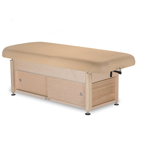 Ergonomic Napa salon table with integrated cabinet storage and PowerAssist motorized adjustment