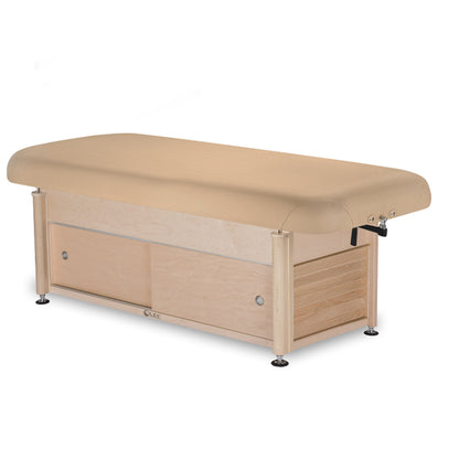 Ergonomic Napa salon table with integrated cabinet storage and PowerAssist motorized adjustment