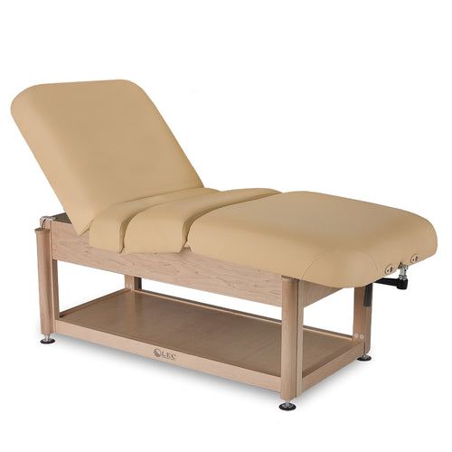 Adjustable manual tilt spa treatment table with integrated shelf base