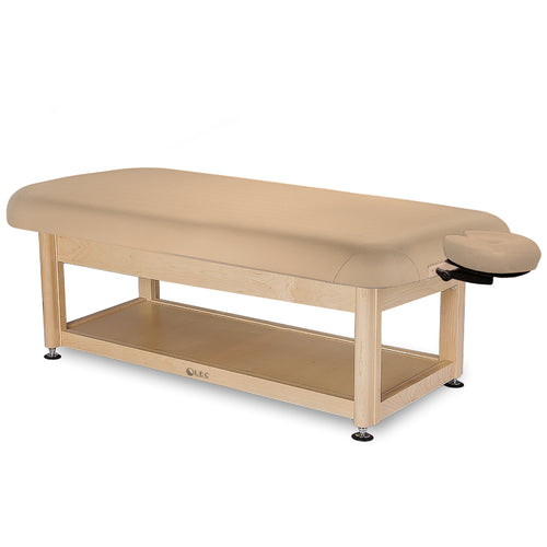Adjustable salon treatment table with PowerAssist technology and storage shelf base