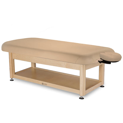 Adjustable Serenity spa table with PowerAssist technology and storage shelf