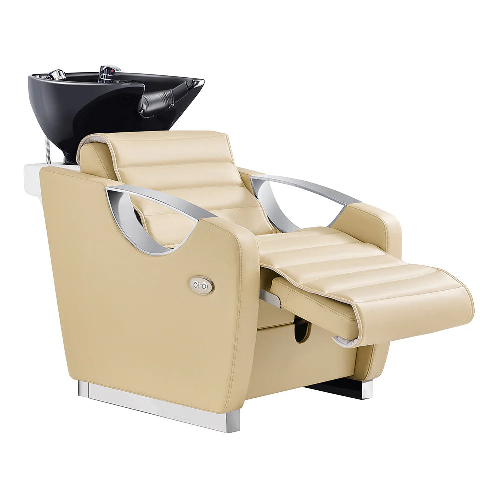 Beige hair washing chair with black basin on a white background
