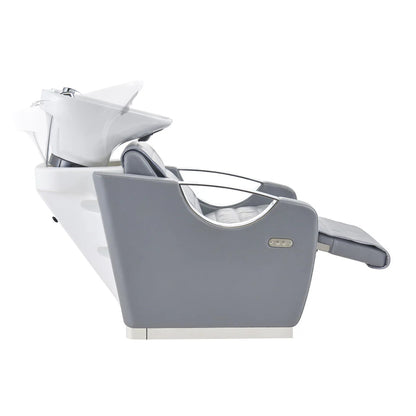Gray and white salon chair with a sink on a white background