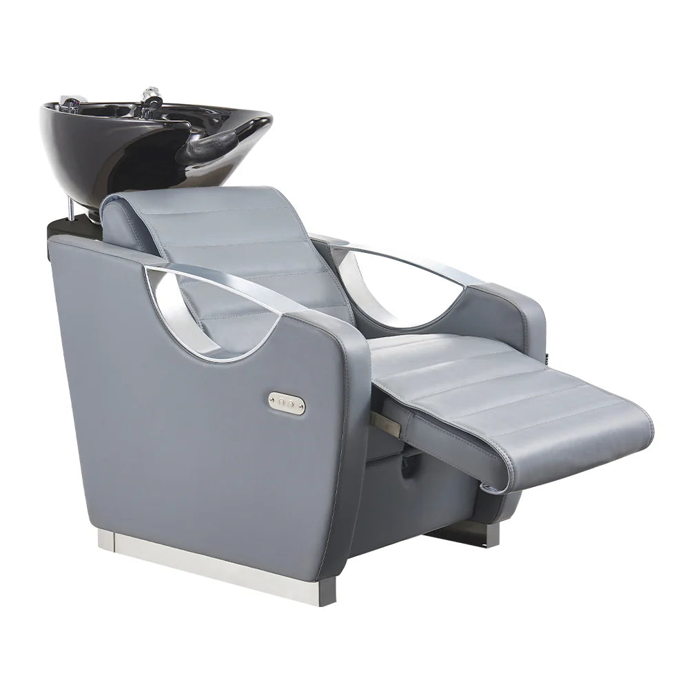 Gray hair washing chair with black basin on a white background