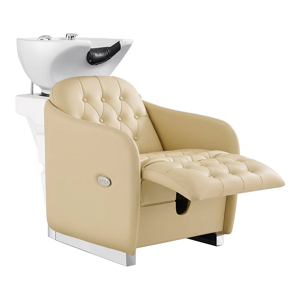 Beige salon chair with a white basin on a white background
