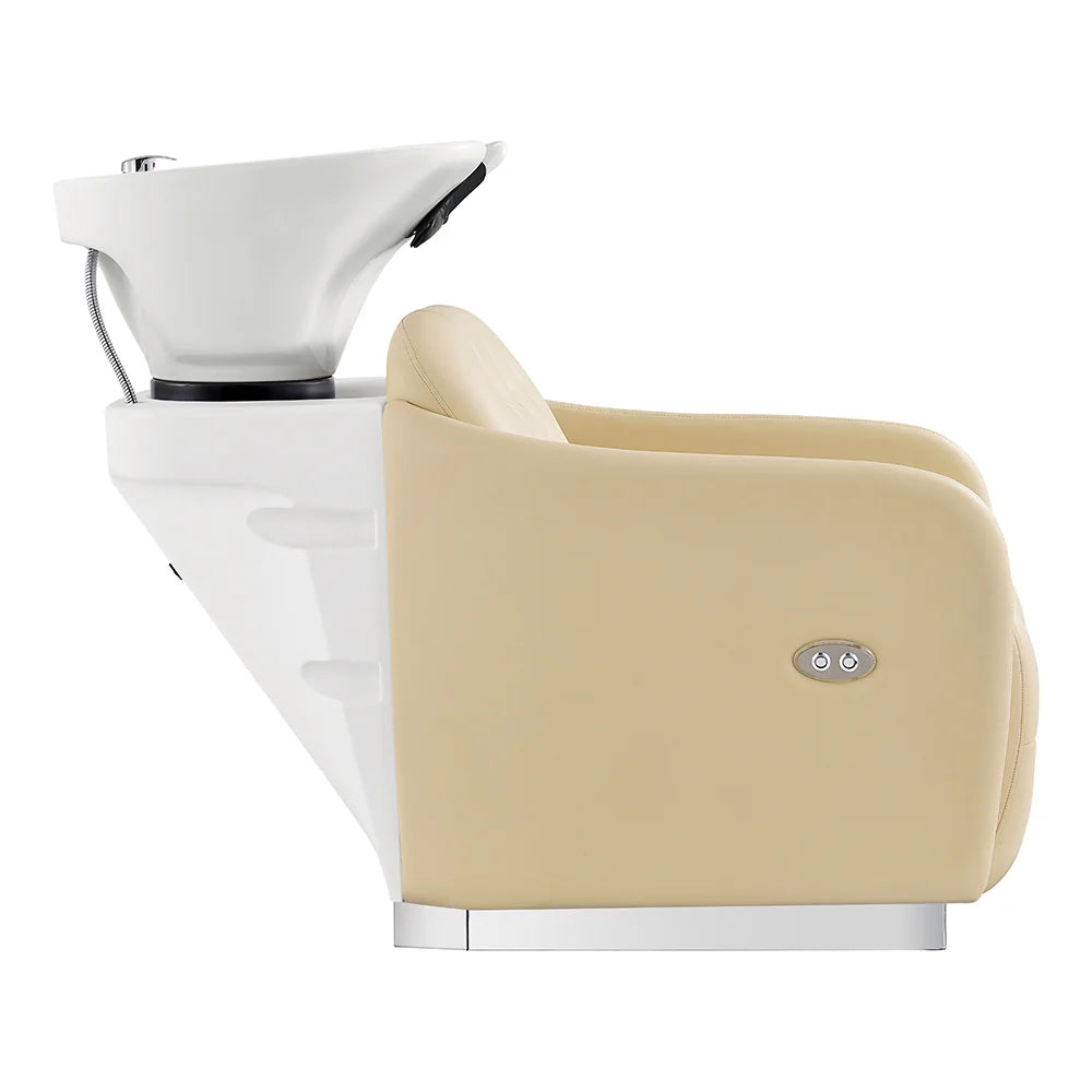 Beige and white hair washing chair with a sink on a white background