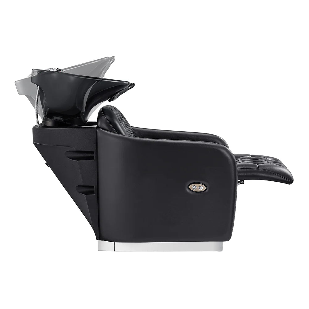 Black massage chair with reclined position on a white background